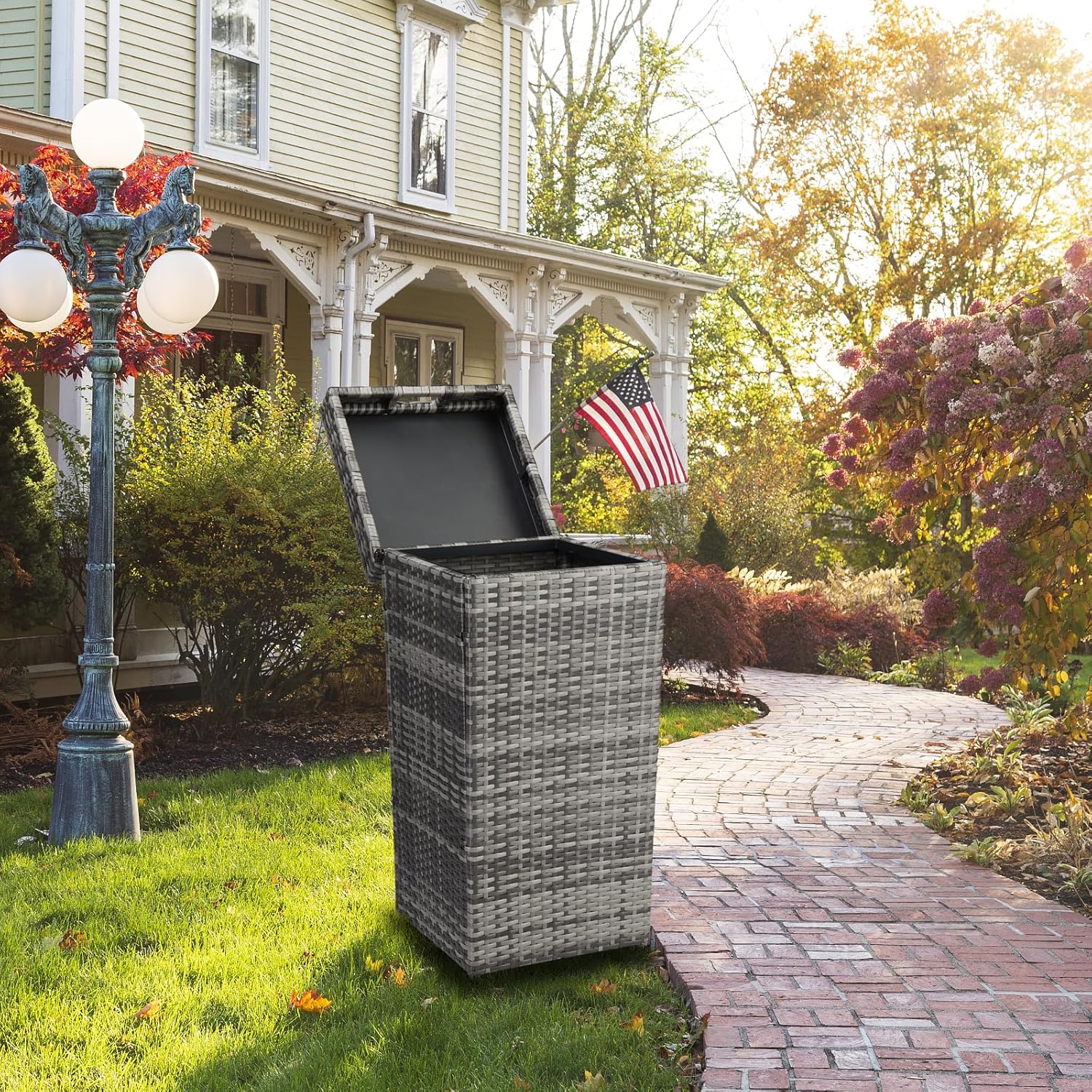 VINGLI Wicker Patio Trash Can, 27 Gallon Rattan Trash Can with Removable Lid, Outdoor Wicker Waste