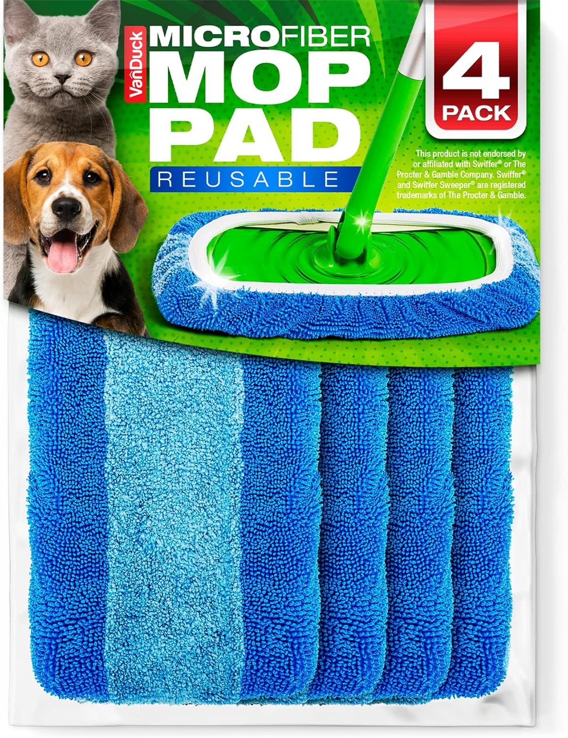 VanDuck Reusable Pet Heavy Duty Mop Pads Compatible with Swiffer Sweeper (4-Pack) - Washable