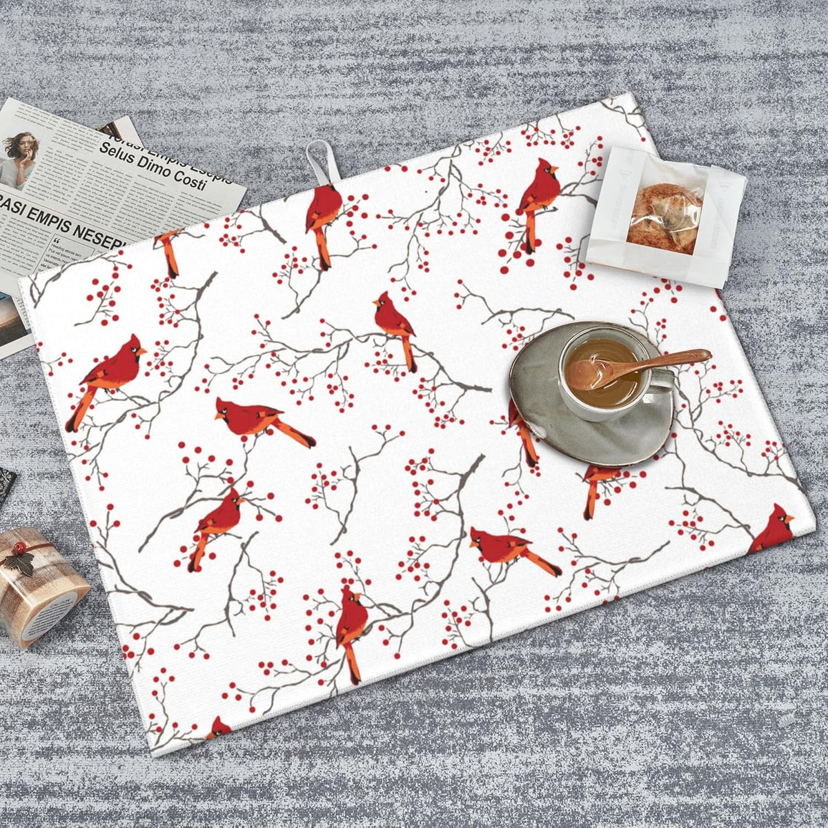 Cardinal Bird Red Berry Decor Microfiber Dish Drying Mat for Kitchen Counter Cute Dishes Pad Dish