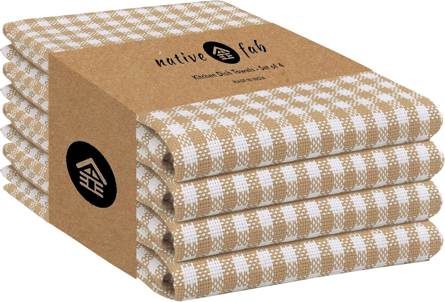 Native Fab Beige Gingham Kitchen Dish Towels 4 Pack 16"x26" - 100% Cotton Absorbent Plaid Tea