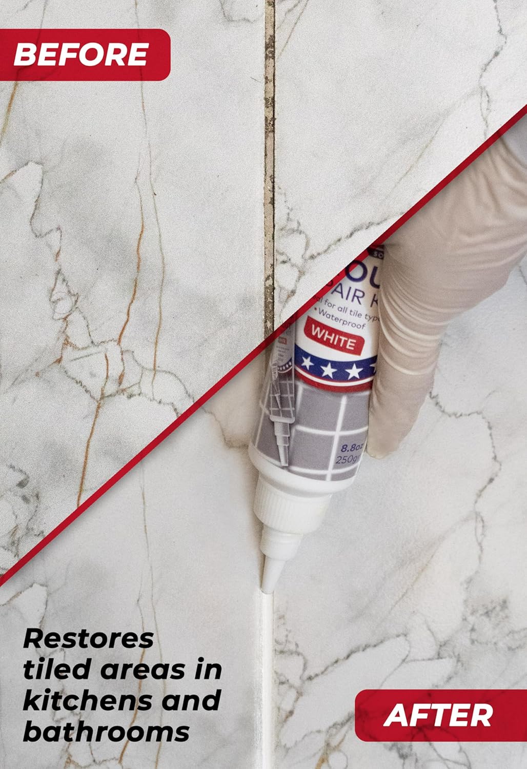 Tile Grout Repair, White 8.8 oz/250gr. Fast Drying Grout Repair Kit, Grout Filler Tube Repair Kit