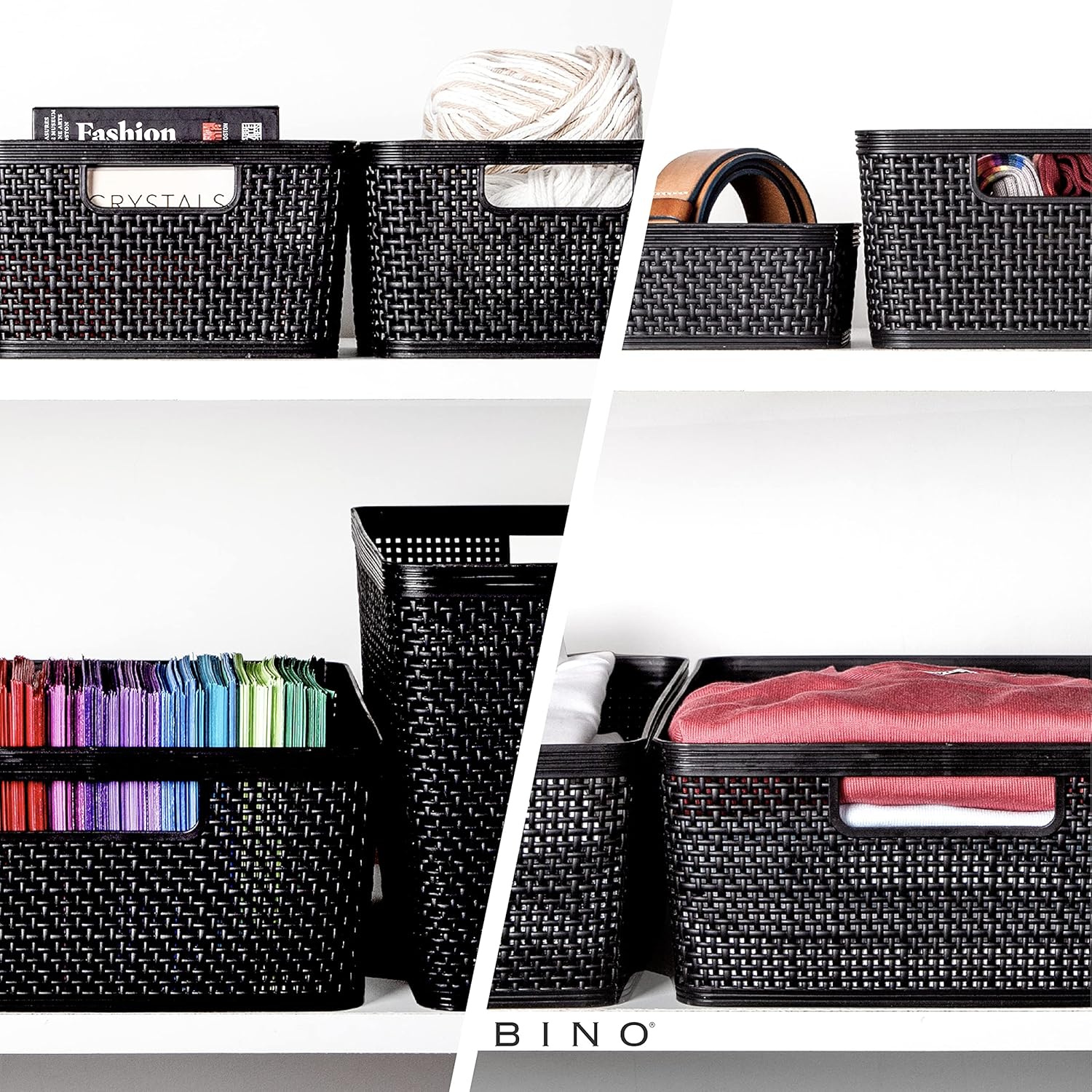 BINO | Woven Plastic Basket | Large (Black), 3-Pack | THE JUTE COLLECTION | Home Organization