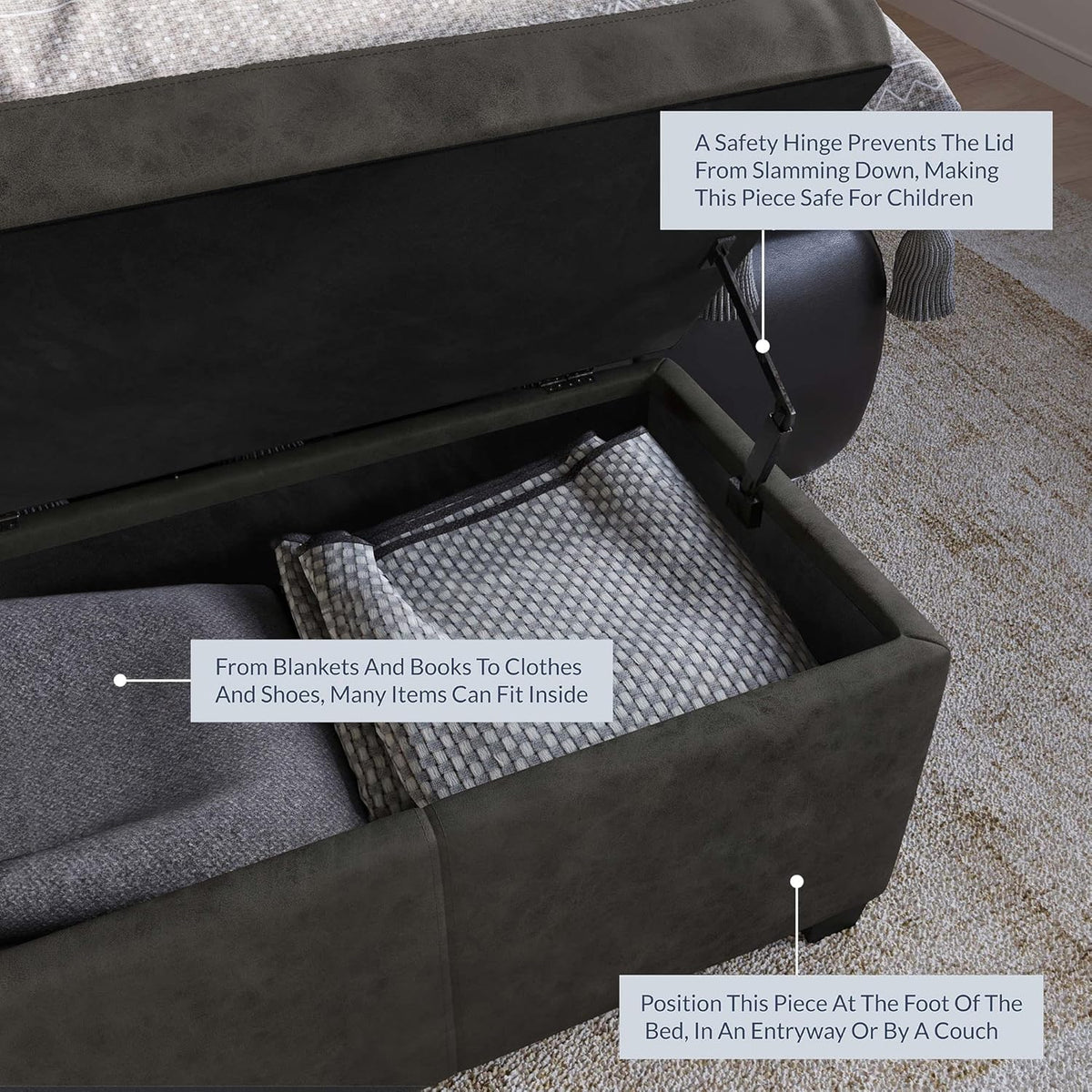 BELLEZE Storage Faux Leather Ottoman, 47 Inch Bench Bedroom Bench with Safety Close Hinge, Extra