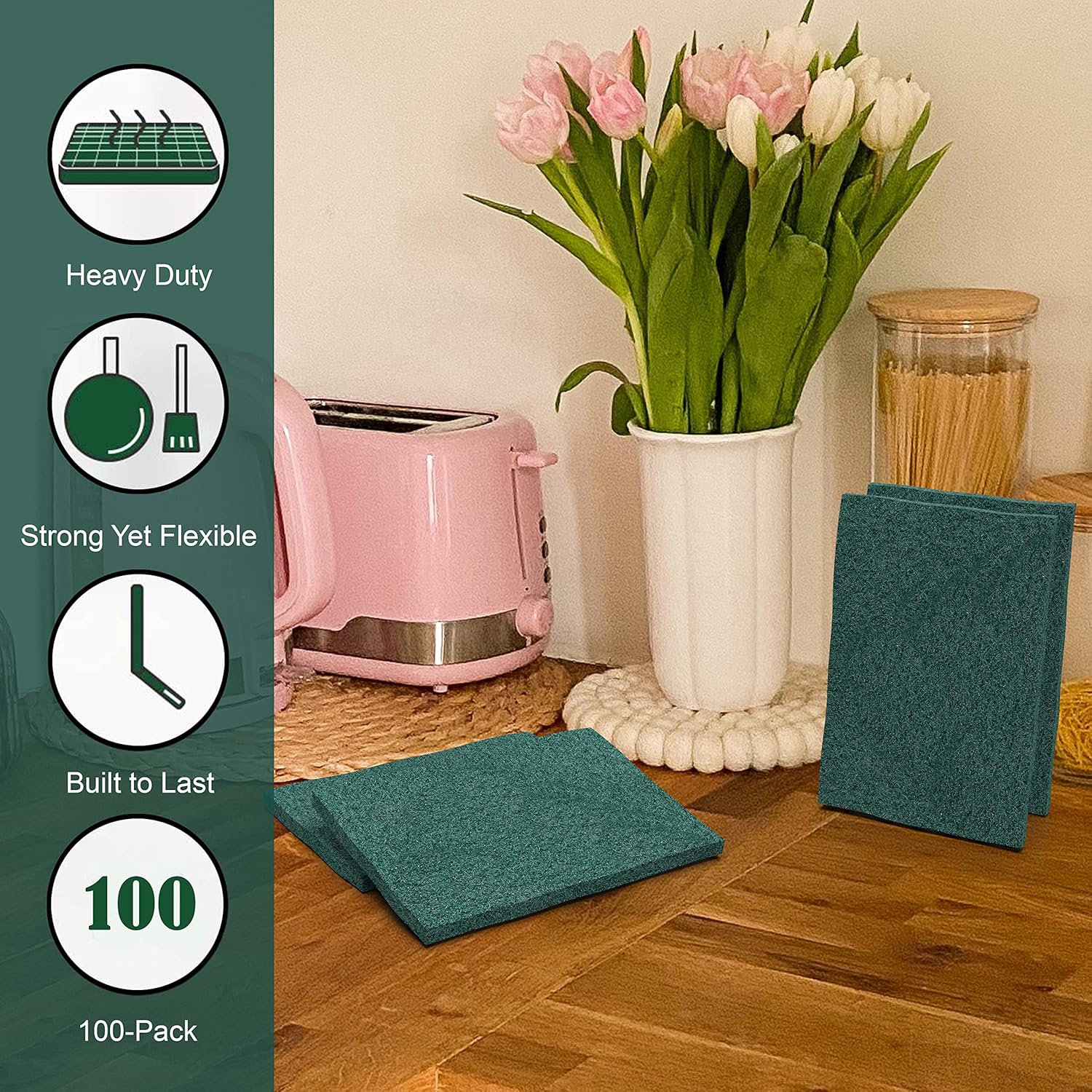 100 Pack Green Scouring Pads 3x4 Inch – Heavy Duty, Non Scratch Scrub Pads Bulk for Kitchen