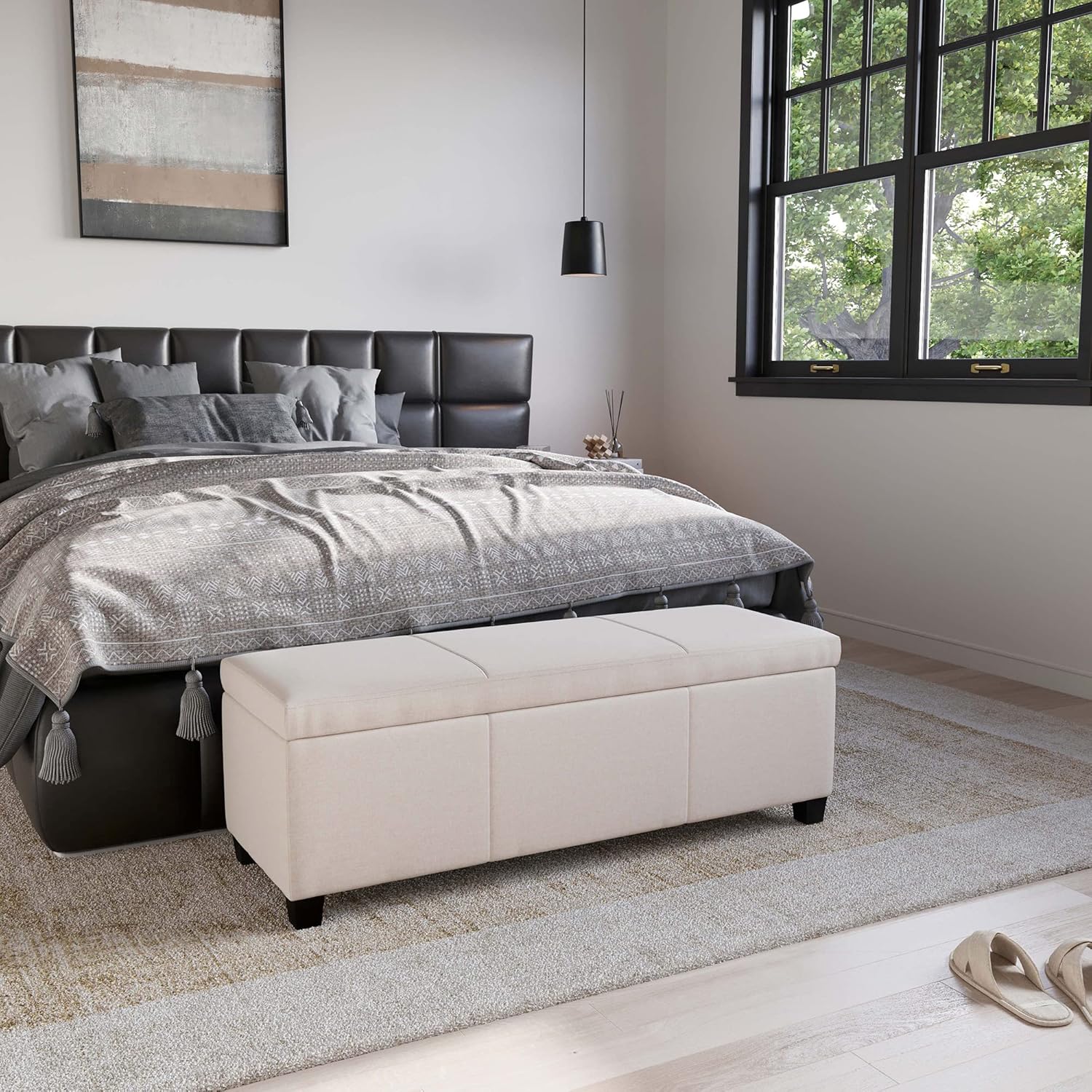 BELLEZE Storage Faux Leather Ottoman, 47 Inch Bench Bedroom Bench with Safety Close Hinge, Extra