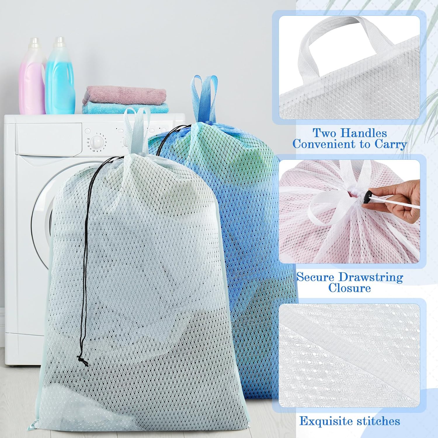6 Pack 24 x 36 Inches Blue Mesh Laundry Bag with Handles Machine Washable Secure Drawstring Closure