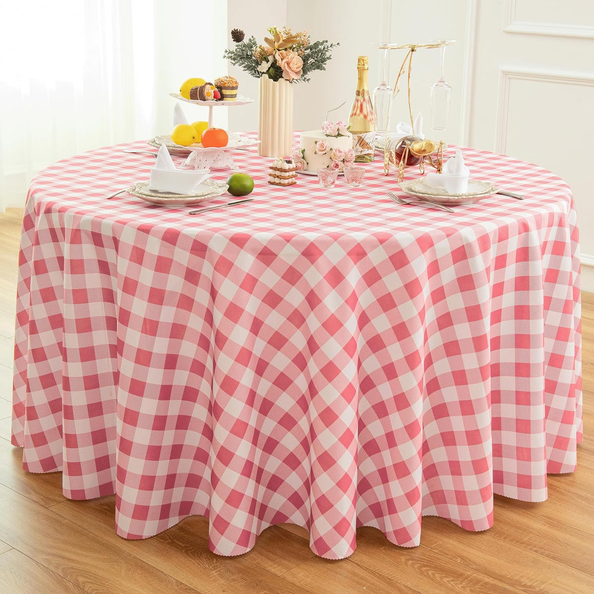 Waterproof Plaid Tablecloth Fabric - Round 120 Inch Classic Gingham Checker Table Cloth for