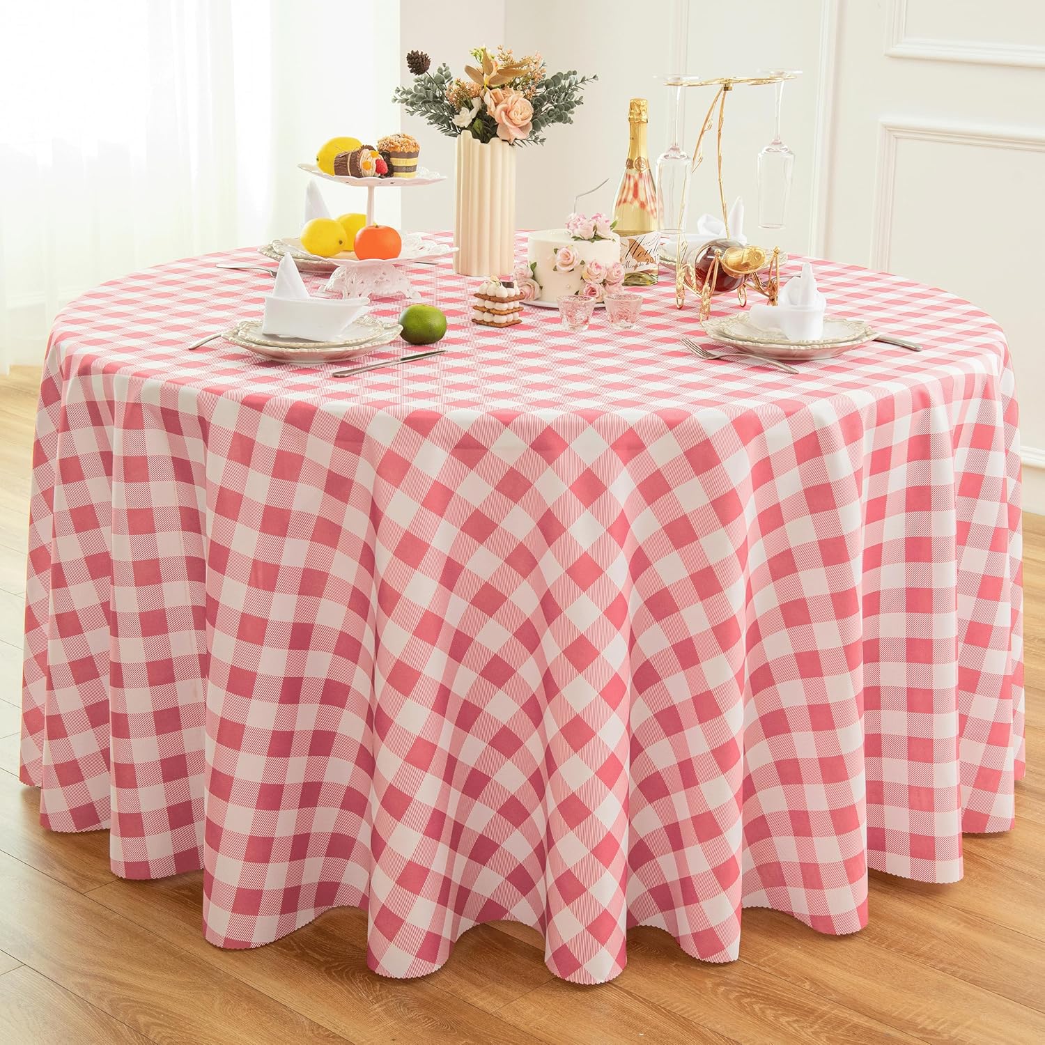 Waterproof Plaid Tablecloth Fabric - Round 120 Inch Classic Gingham Checker Table Cloth for