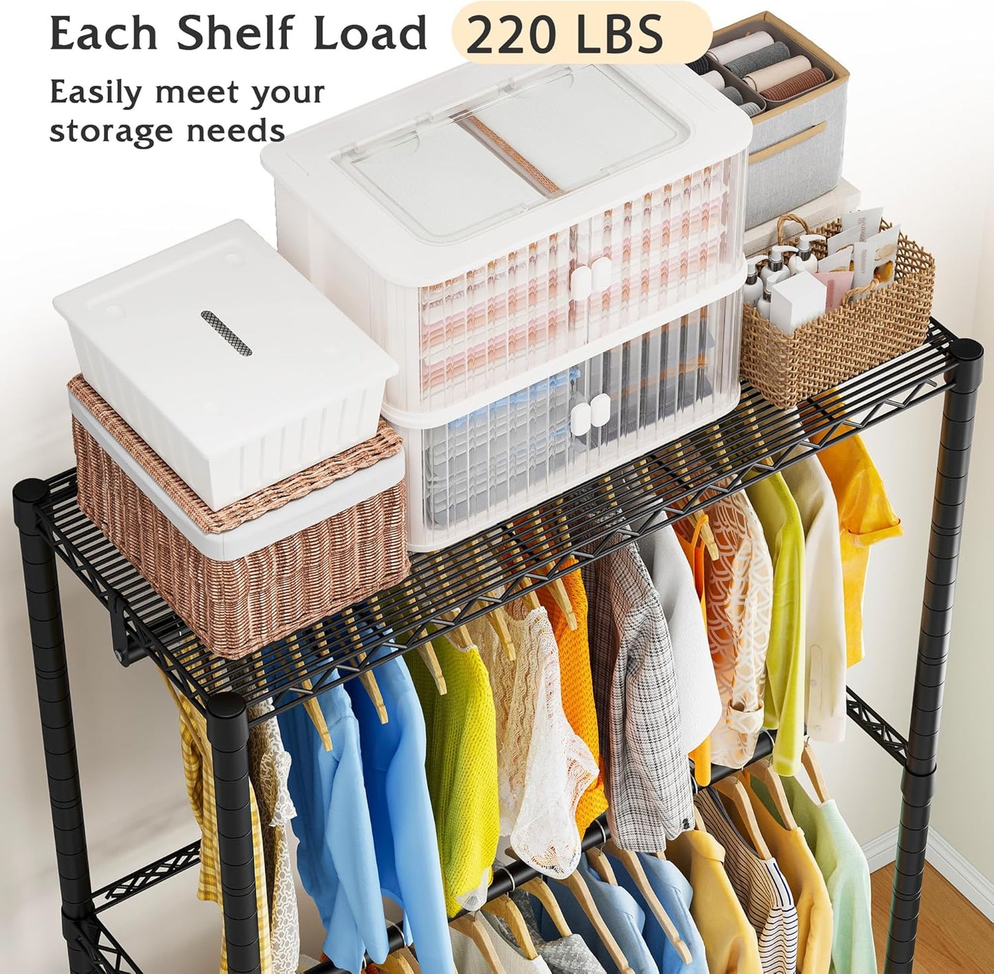 Raybee Heavy Duty Clothing Rack with Wheels,Rolling Clothes Rack for Hanging Clothes,Portable,2