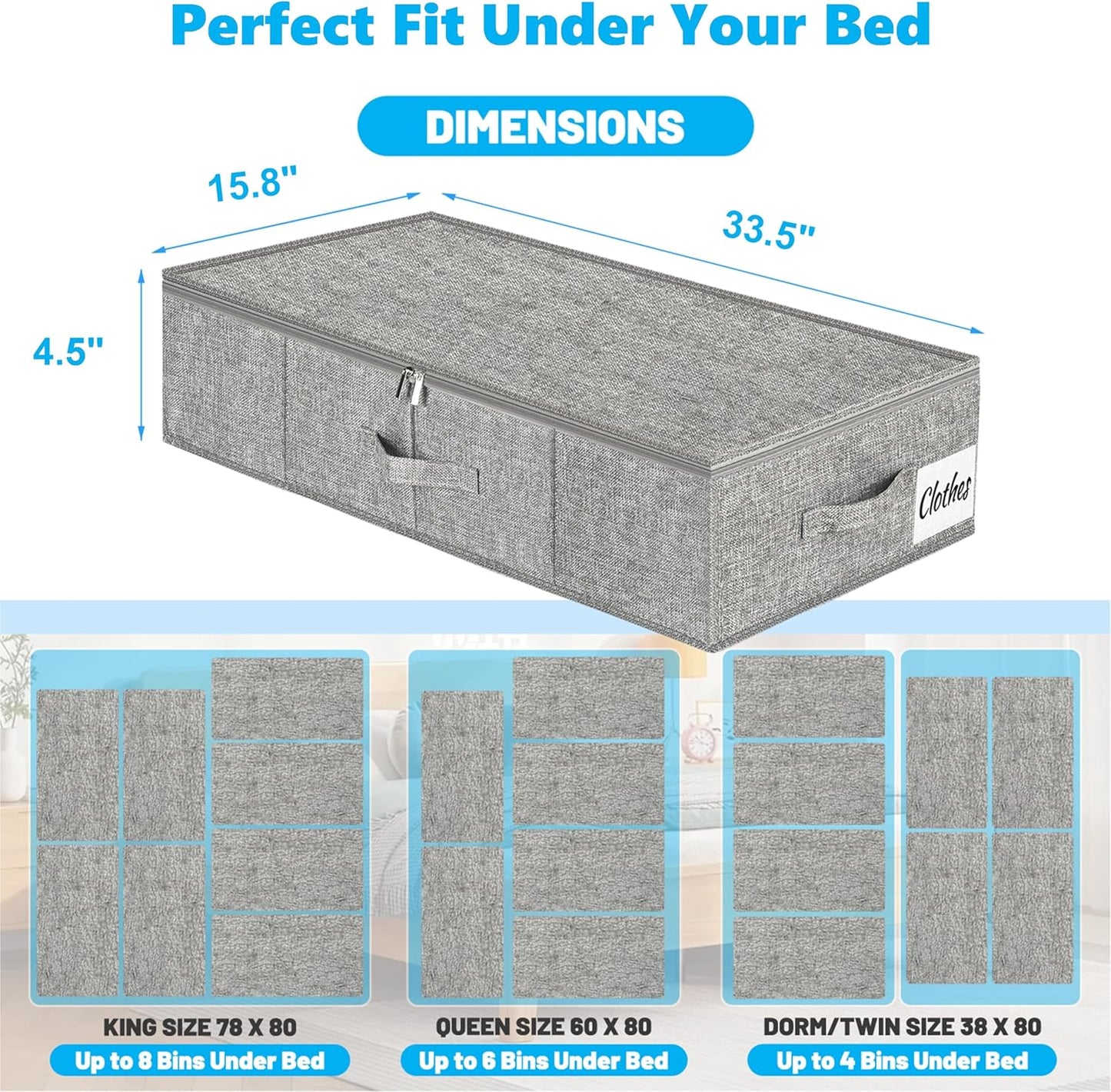 Under Bed Storage Container Bin 4 Pack, 4.5 Inch Slim Low Profile Underbed Clothes Storage