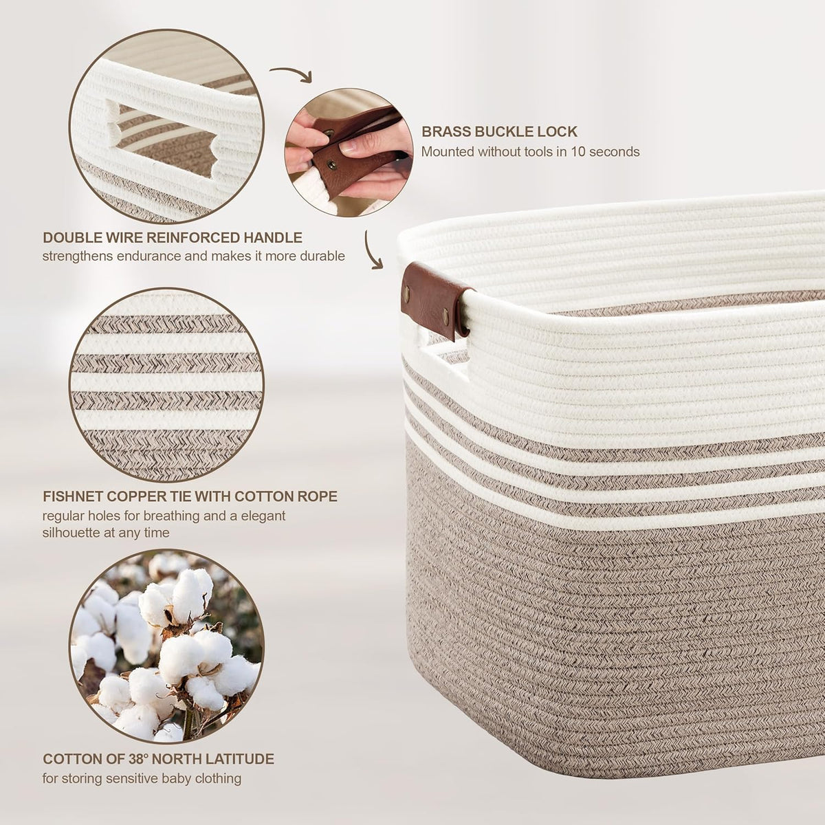 72L Large Laundry Basket with Leather Handles for Living Room Storage, Woven Rope Baskets Bin for