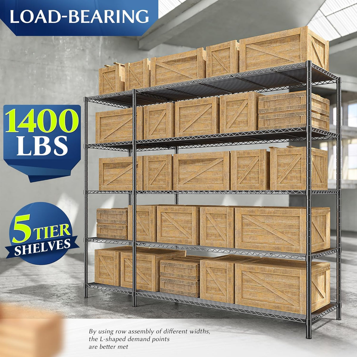 52.36" W Storage Shelves Metal Shelving Unit Load 1400LBS 5 Tier Wire Rack for Storage Adjustable