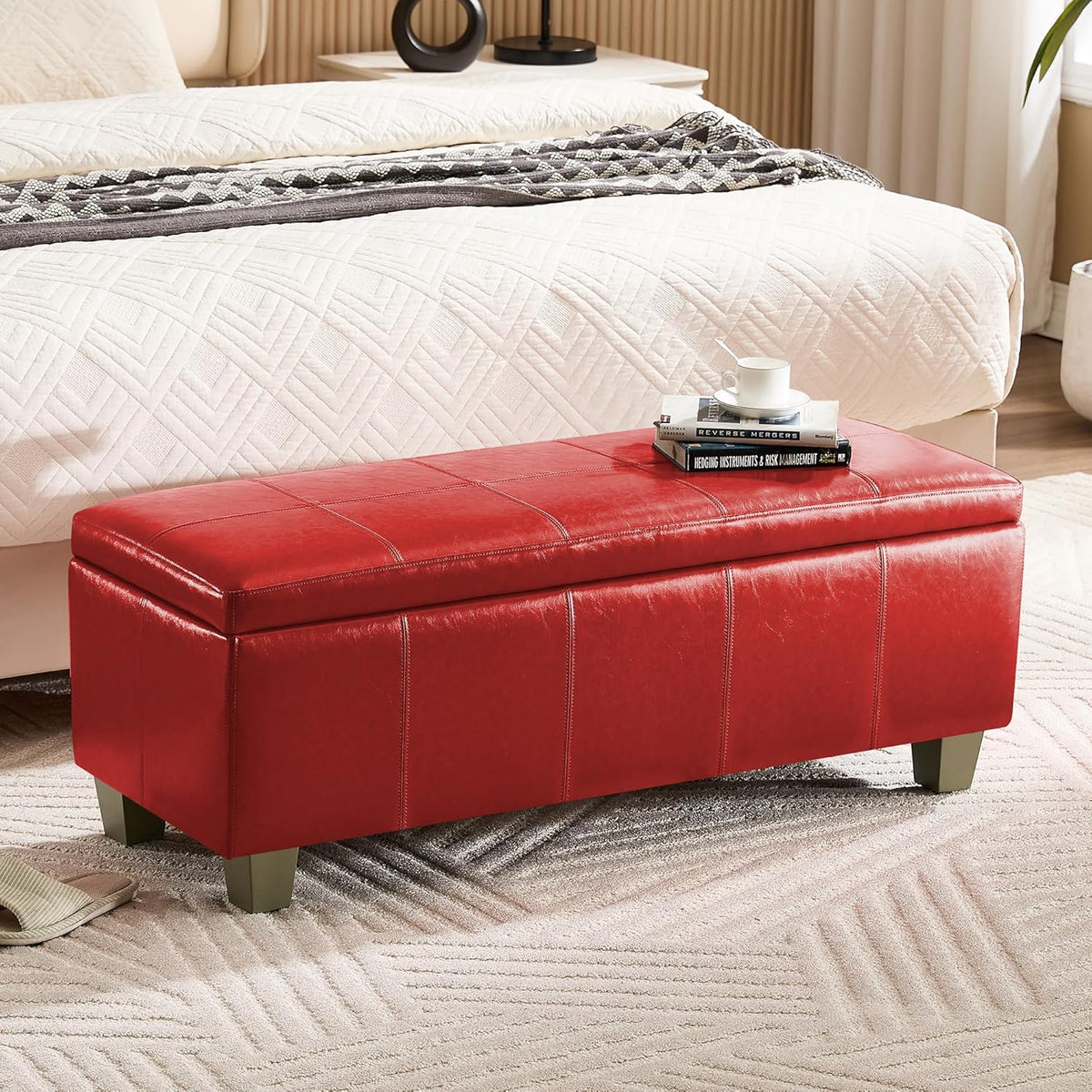 41" Faux Leather Storage Ottoman, Stitch Tufted Rectangle Upholstered End of Bed Storage Bench