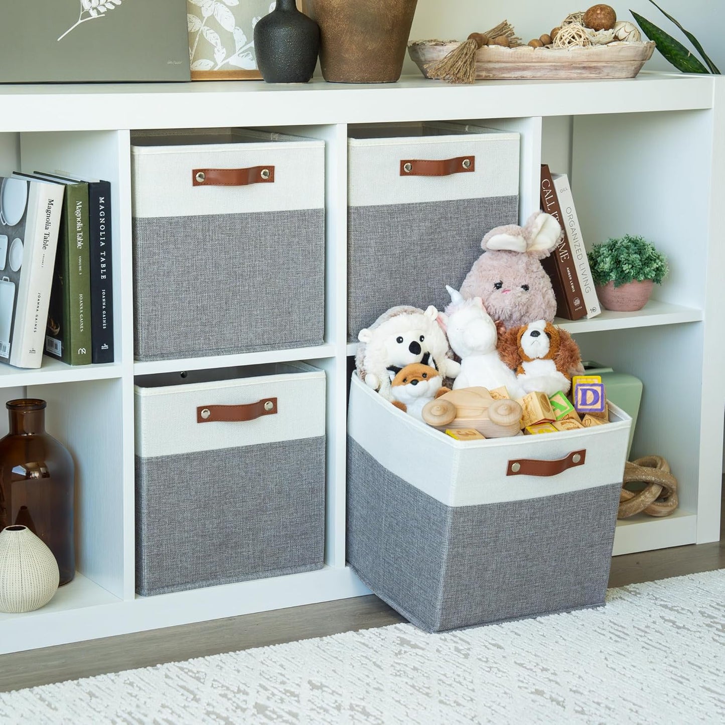 OrganiHaus 12x12 Fabric Storage Bins - Set of 4, Cube Fabric Organizer Bins with Vegan Handles