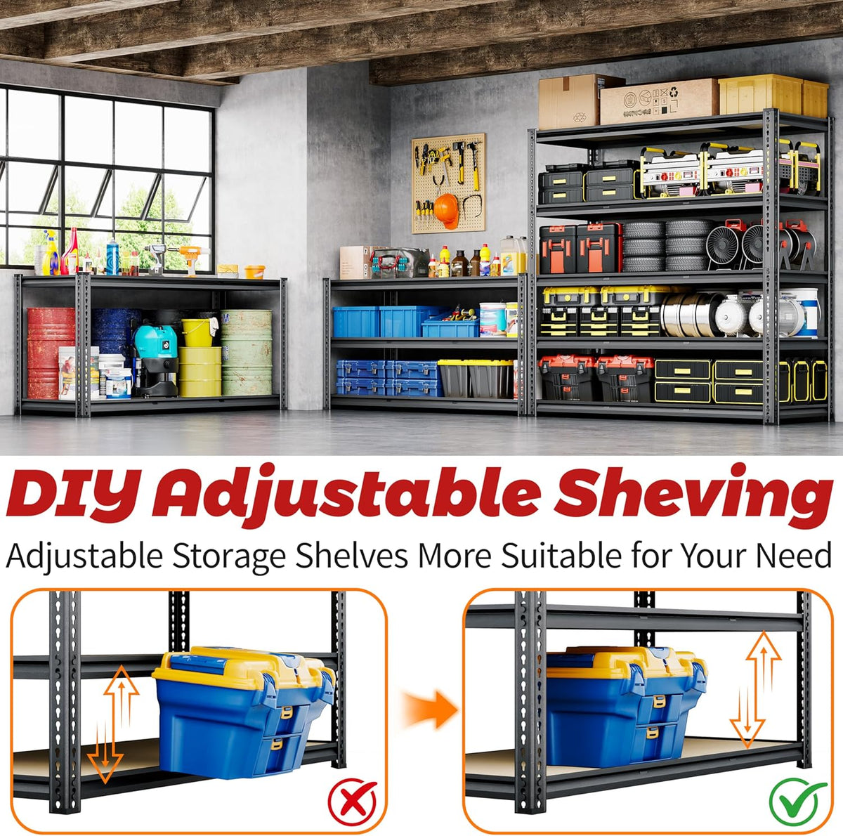 48"W Garage Shelving, 3050LBS Storage Shelves Heavy Duty, 5 Tier Metal Shelving Unit Adjustable
