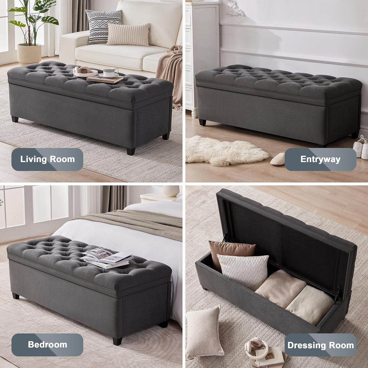 50" Storage Ottoman Bench, Tufted Ottoman with Storage for Living Room, Large End of Bed Ottomans