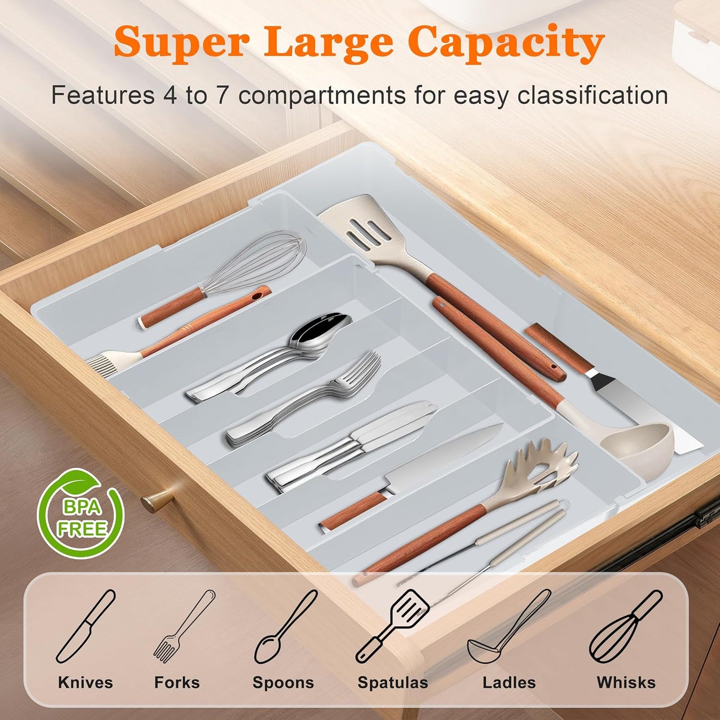 Expandable Large Silverware Organizer - BPA-Free Food-Safe Kitchen Utensil Drawer Organizer