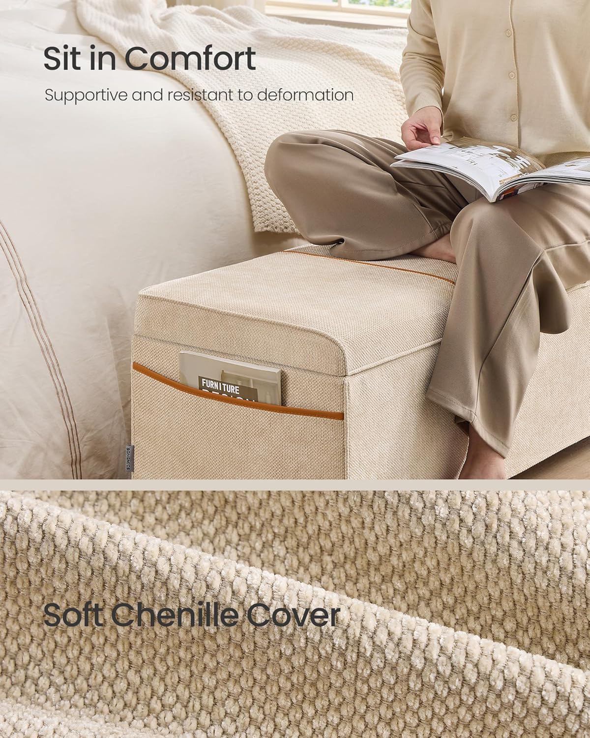 SONGMICS Storage Ottoman Bench, Storage Chest, 15.7 x 43.3 x 15.7 Inches, End of Bed Bench, 27 Gal.