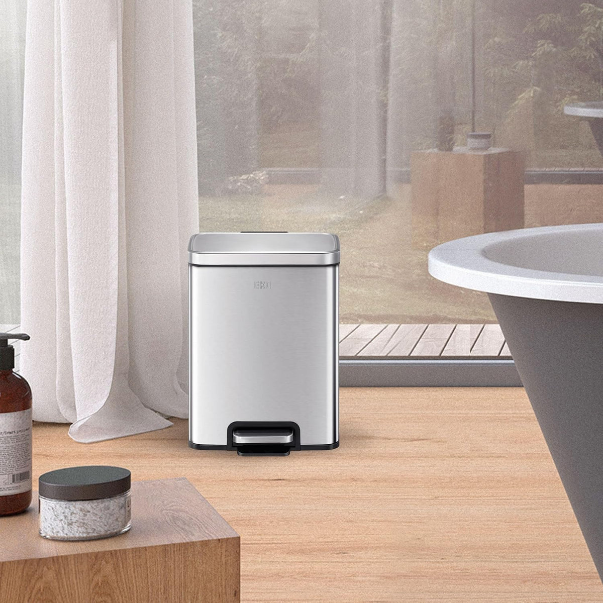 EKO Madison 6L / 1.6 Gal Bathroom Trash Can with Lid and Removable Inner Basket, Rectangular Small