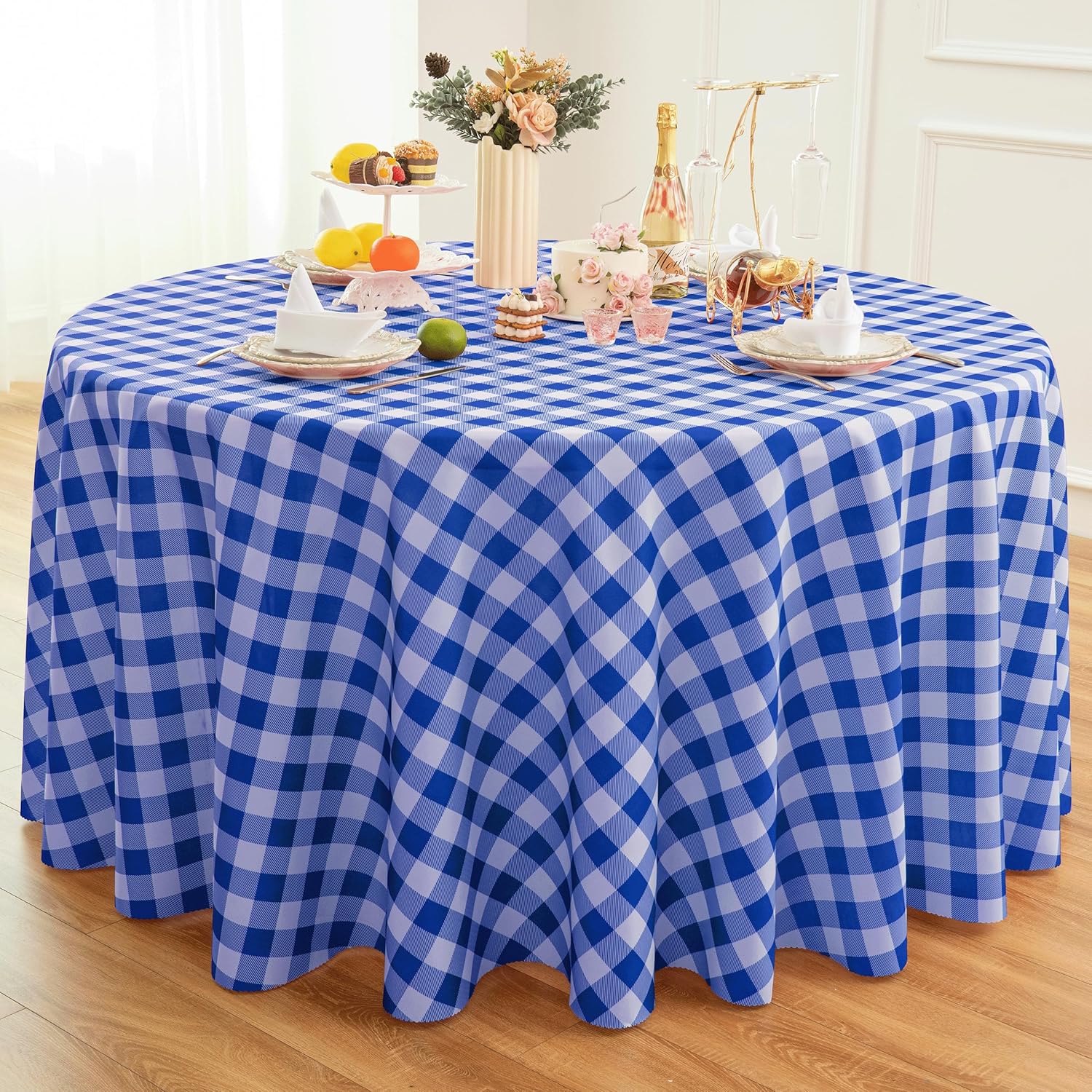 Waterproof Plaid Tablecloth Fabric - Round 108 Inch Classic Gingham Checker Table Cloth for