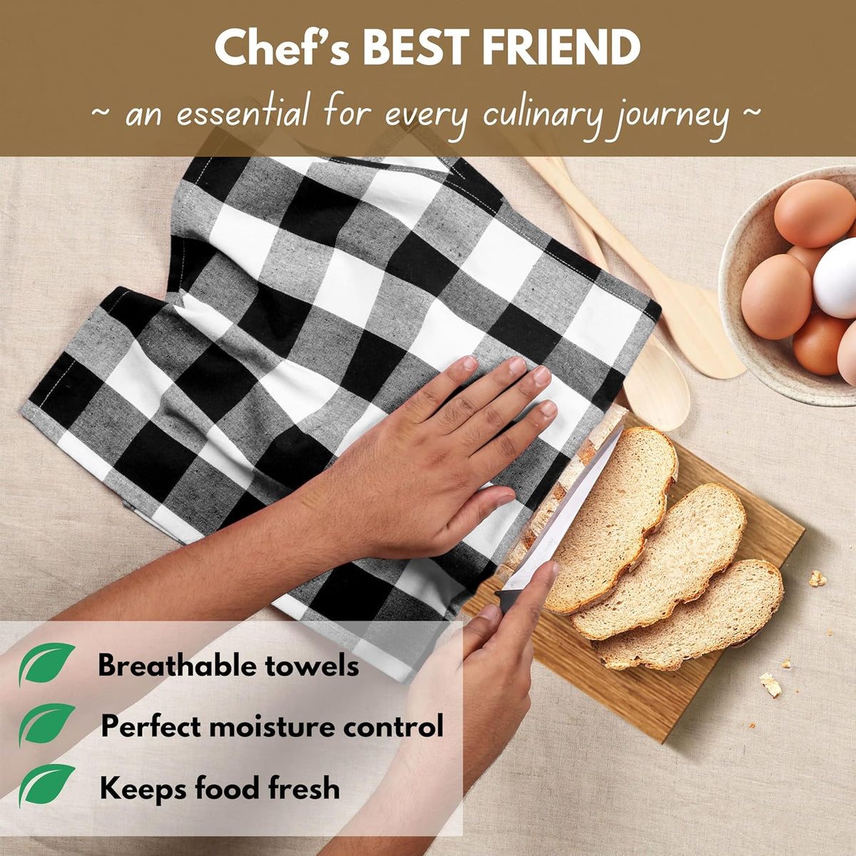 Native Fab 6-Pack Kitchen Towel with Hanging Loop 16x26 inches, Cotton Buffalo Check Kitchen Towels