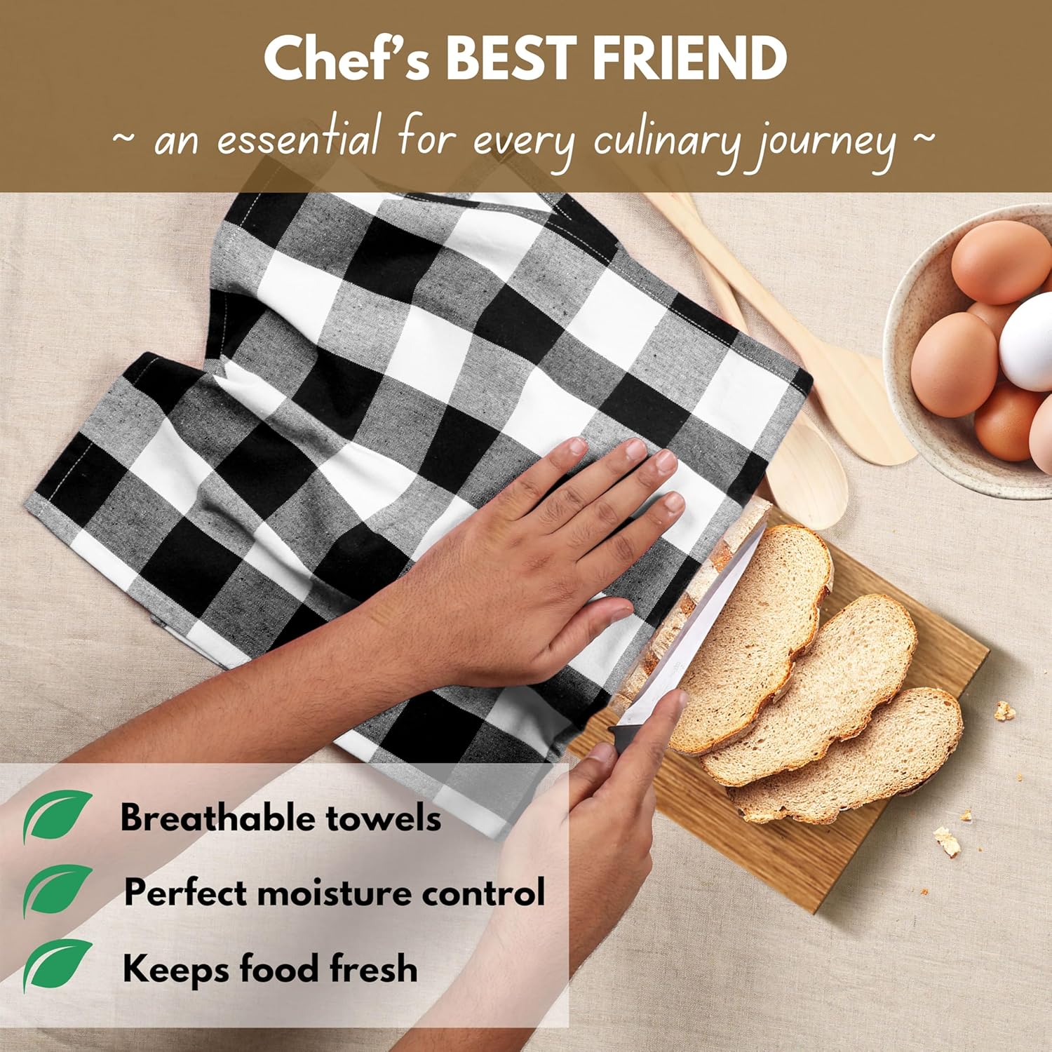 Native Fab 6-Pack Kitchen Towel with Hanging Loop 16x26 inches, Cotton Buffalo Check Kitchen Towels