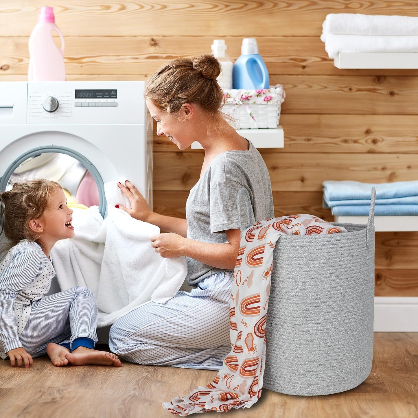 Cotton Rope Laundry Basket Hamper for Clothes Woven Storage Basket for Living Room Bedroom Boho