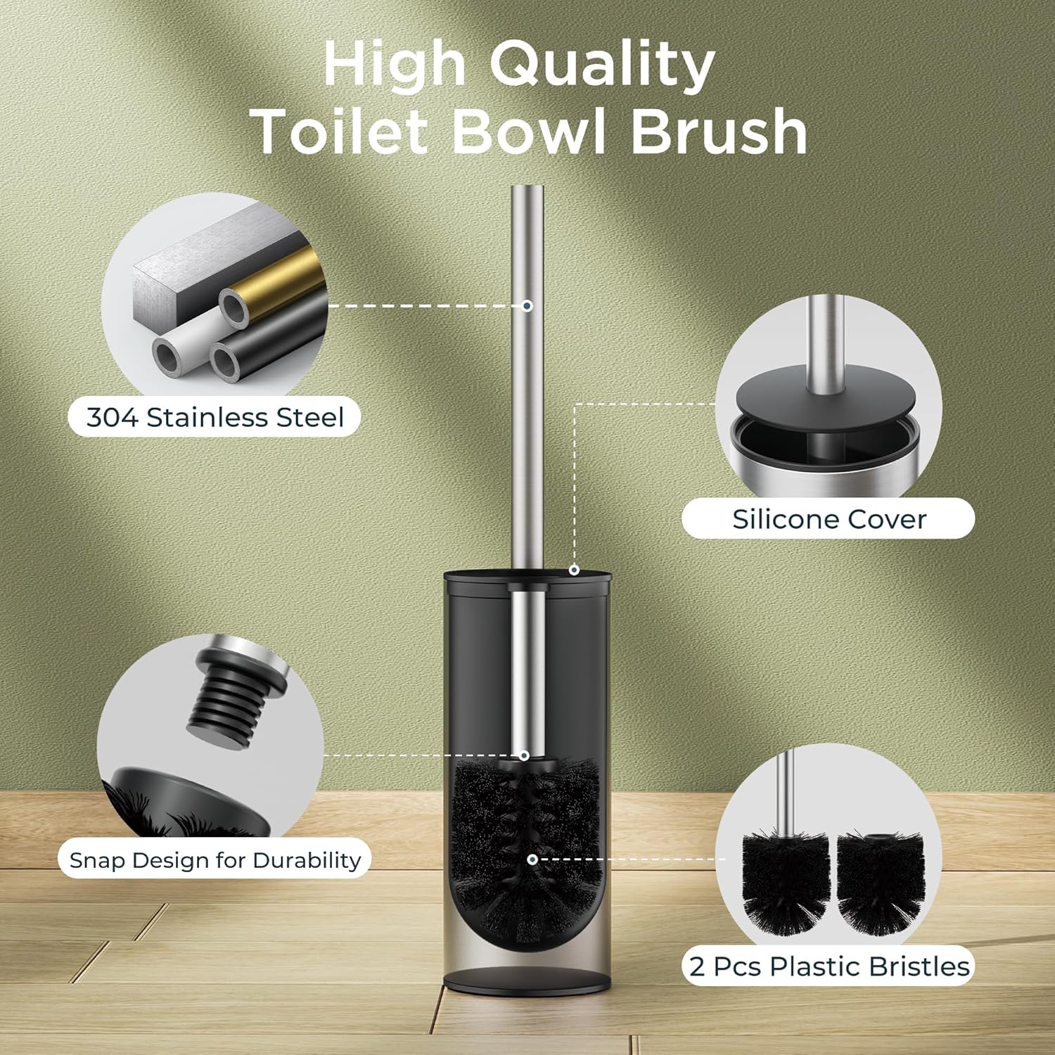 Toilet Brush and Holder Set, Toilet Bowl Brush with Heavy Duty 304 Stainless Steel Base and Extra