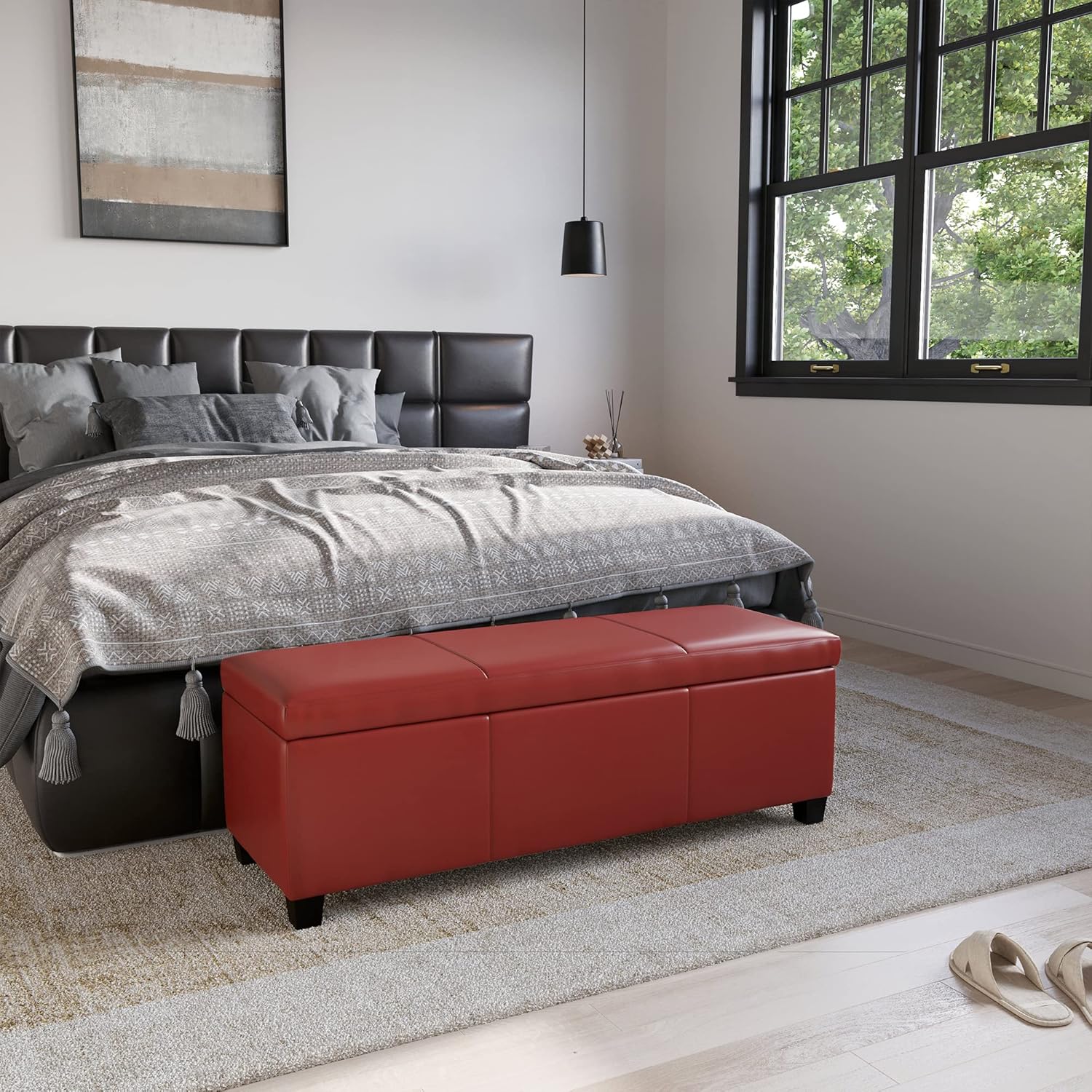BELLEZE Storage Faux Leather Ottoman, 47 Inch Bench Bedroom Bench with Safety Close Hinge, Extra