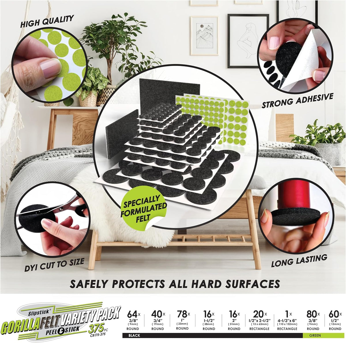 Slipstick Gorilla Felt Furniture Pads (375 Piece Variety Pack) Premium Furniture Pads & Chair Leg