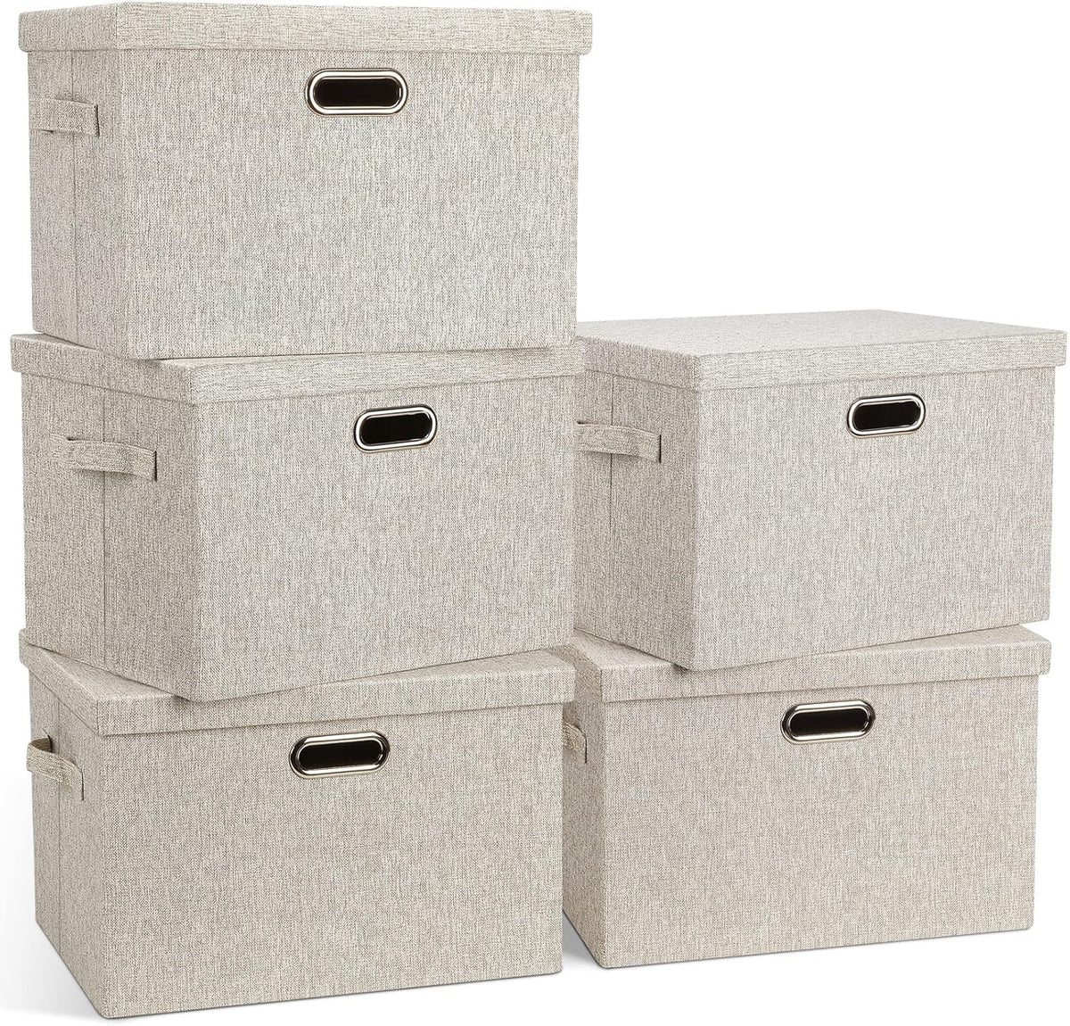 Large 17" 36 Quart Collapsible Stackable Storage Bins with Lids, 5 Packs Beige Linen Fabric Closet
