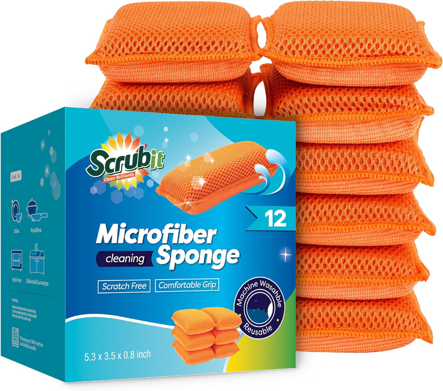 SCRUBIT Reusable Sponges for Dishes - 12 Pack Microfiber Sponges Kitchen Dish Scrubber, Machine