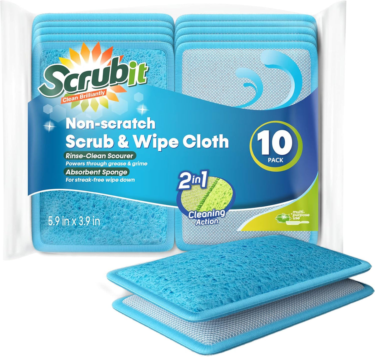 Scrub and Wipe Cleaning Sponges [10 Pack] – SCRUBIT Dual Sided Scouring Pad and Sponge - Reusable