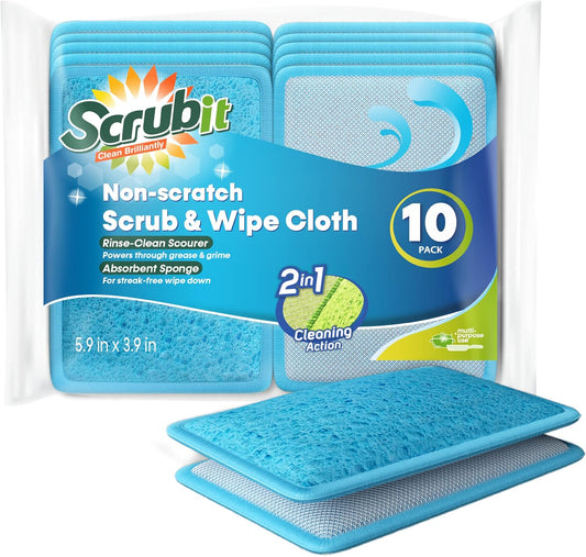 Scrub and Wipe Cleaning Sponges [10 Pack] – SCRUBIT Dual Sided Scouring Pad and Sponge - Reusable