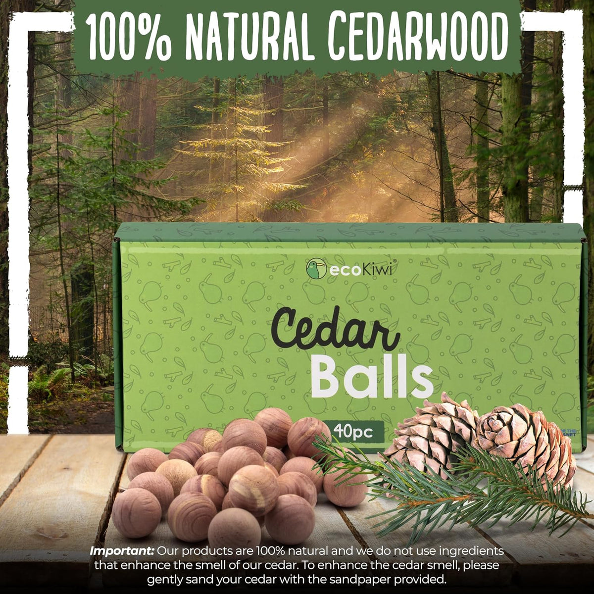 ecoKiwi Cedar Balls for Clothes Storage 40 Pack - 100% Natural Red Cedar Blocks for Clothes Storage