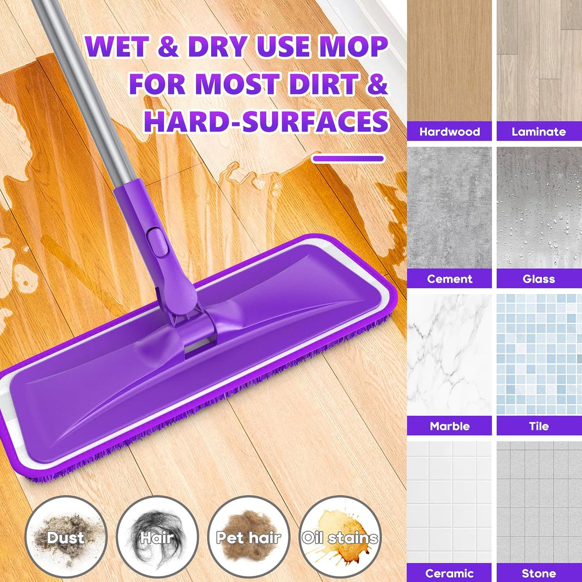 Microfiber Mops for Floor Cleaning - BPAWA Flat Floor Mop with 4 Reusable Washable Pads fit for