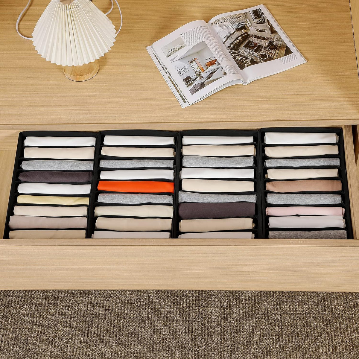 4 Packs T-shirt Drawer Organizers for Clothing,10 Grids Compartment Wardrobe Storage Box, Washable