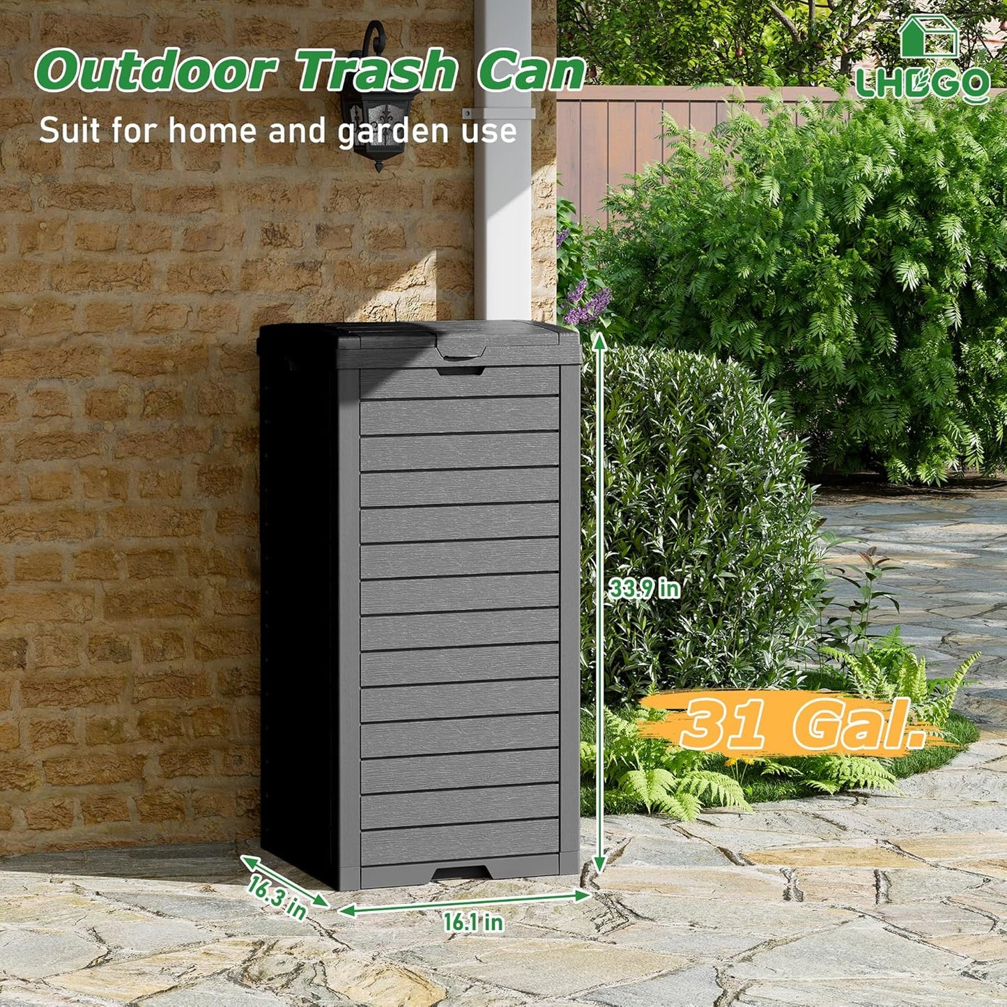 Outdoor Trash Can, 31 Gallon Garbage Can with Tiered Lid and Drip Tray, Waterproof Resin Patio