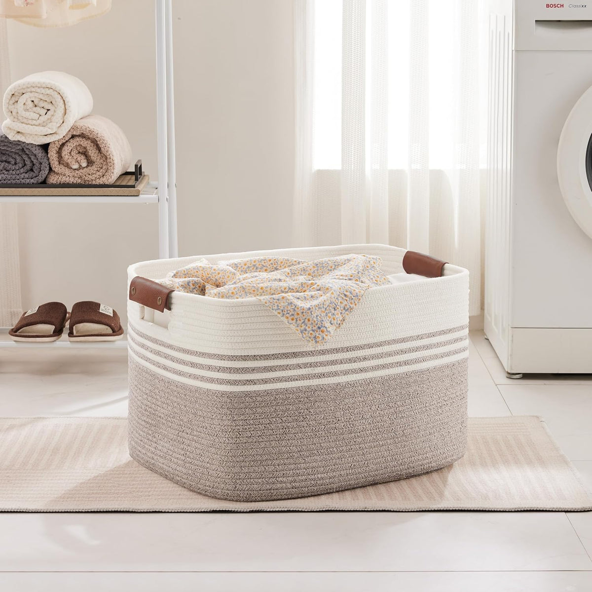 86L Extra Large Laundry Basket with Leather Handles for Living Room Storage, Woven Rope Baskets for