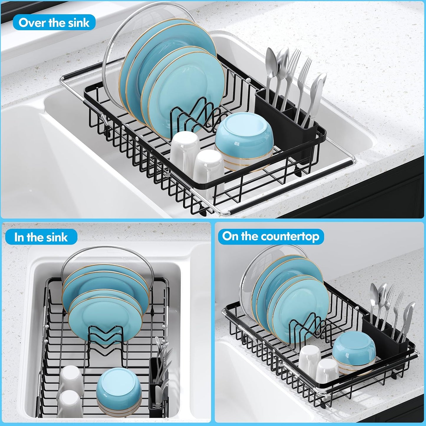JASIWAY in Sink Dish Drying Rack, Expandable Stainless Steel Dish Drainers for Kitchen Sink, Over