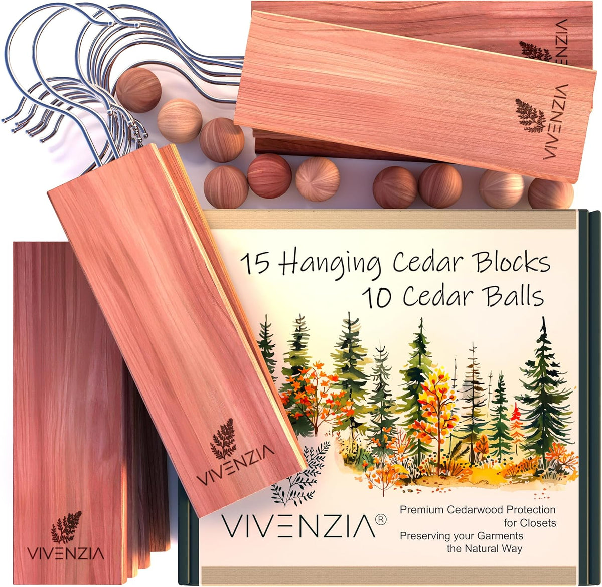 Cedar Blocks for Clothes Storage -25 pcs (15 Hang-ups & 10 Balls)- Hanging Cedar Planks, Natural