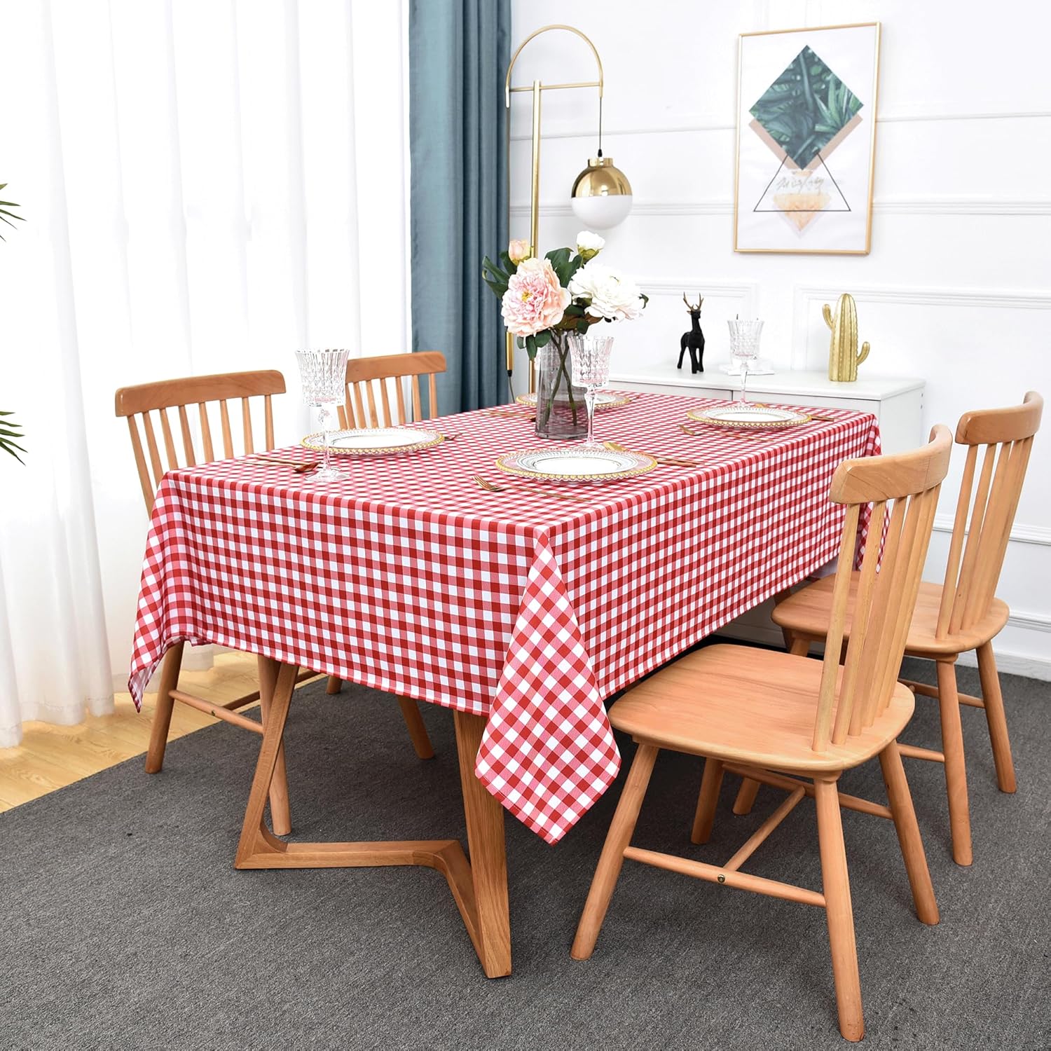 Waterproof Plaid Tablecloth Fabric - Square 58x58 Inch Classic Gingham Checker Table Cloth for