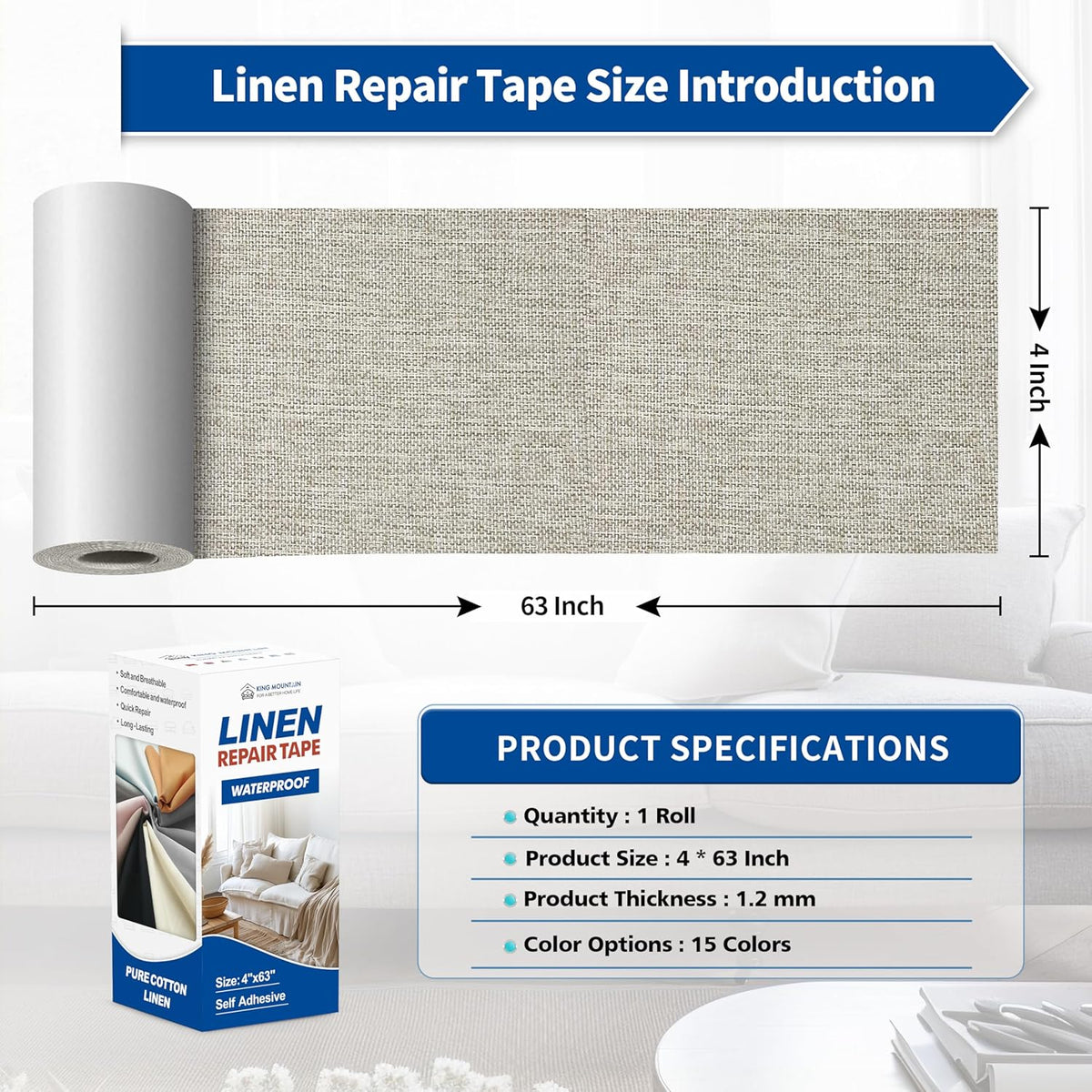 KING MOUNTAIN Linen Repair Patches, Self-Adhesive Fabric Patches, 4 X 63 inch Extra Size, Multi