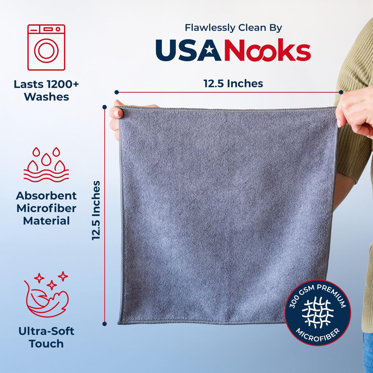 USANOOKS Microfiber Cleaning Cloth Grey - 12 Pcs (12.5"x12.5") - High Performance - 1200 Washes