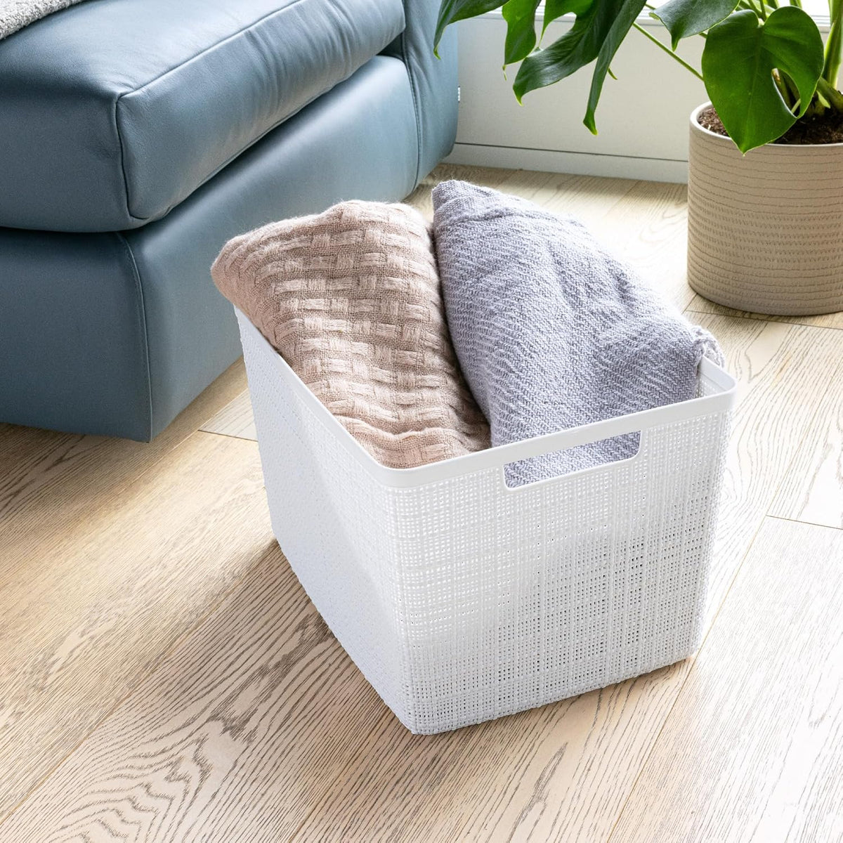 Curver Set of 4 Jute Large Decorative Plastic Organization and Storage Baskets, Perfect Bins for