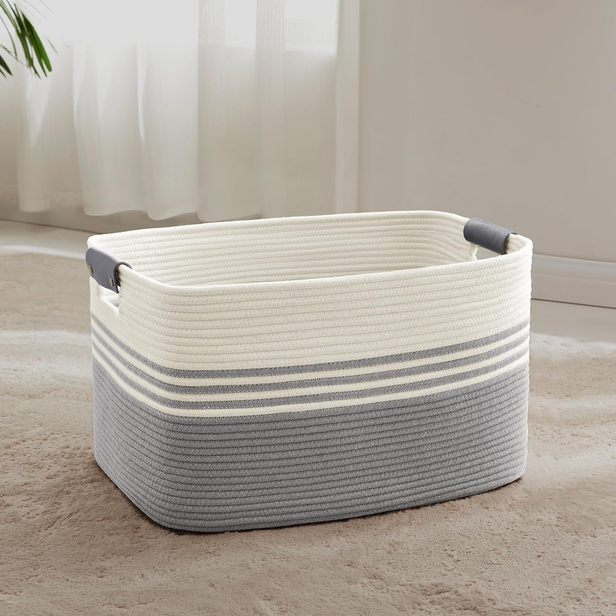72L Large Laundry Basket with Leather Handles for Living Room Storage, Woven Rope Baskets Bin for