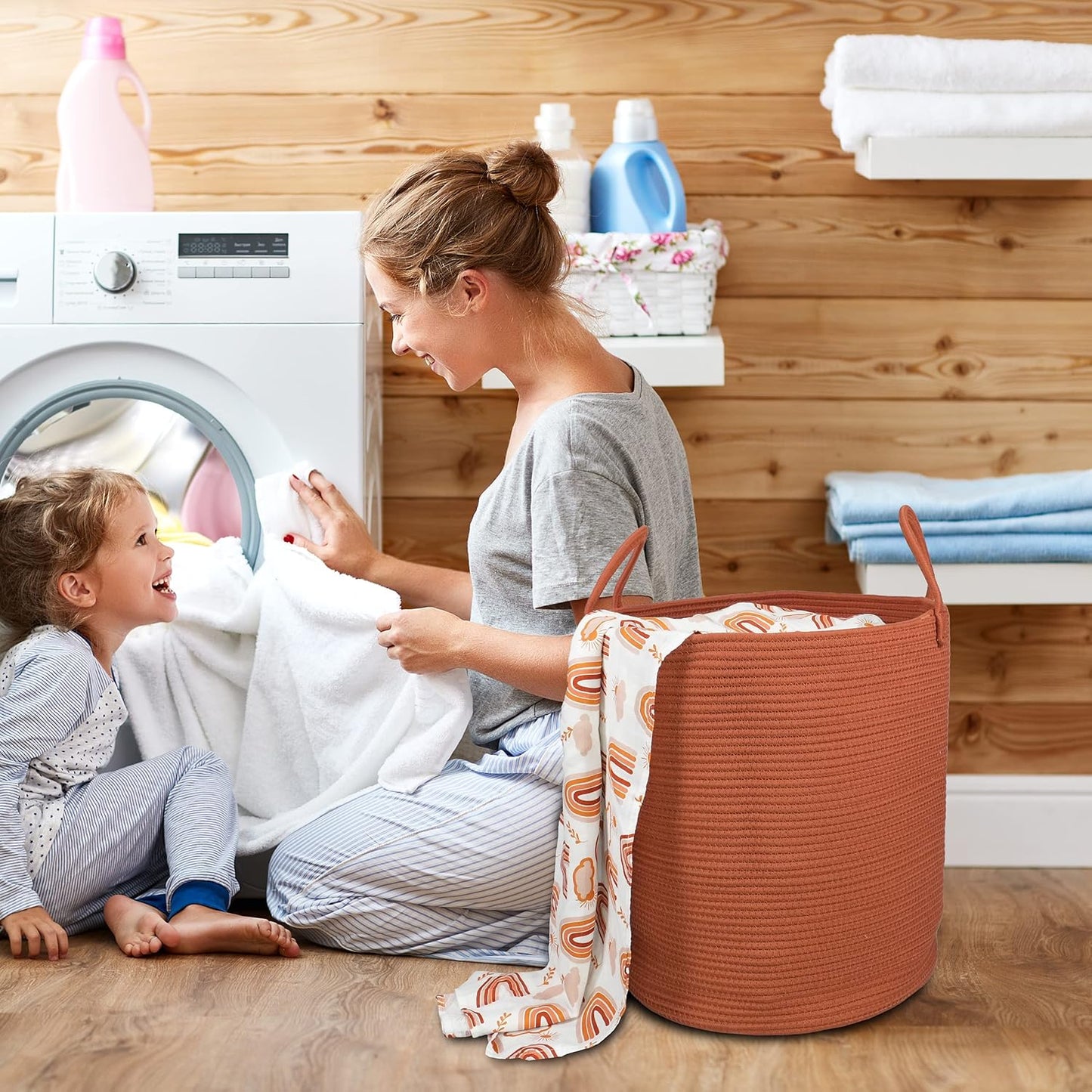 Cotton Rope Laundry Basket Hamper for Clothes Woven Storage Basket for Living Room Bedroom Boho