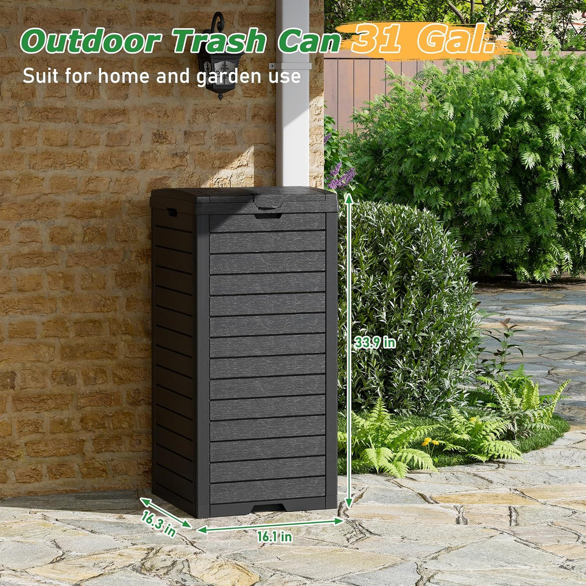 NUNU LAB 31 Gal Outdoor Trash Can with Lid - Heavy Duty Waterproof Resin, Removable Drip Tray, Fits