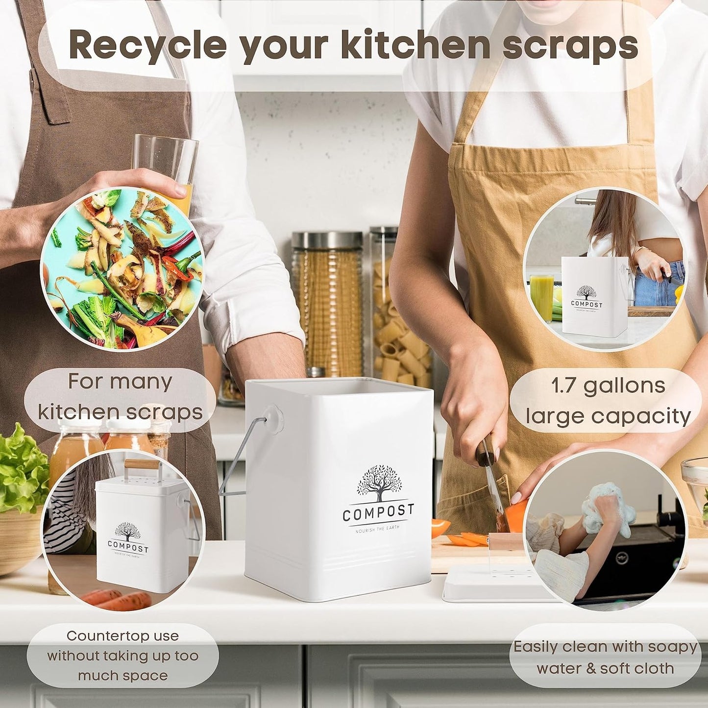 PERFNIQUE Kitchen Compost Bin, 1.7 Gallon Countertop Compost Bin with Lid, Indoor Compost Bin
