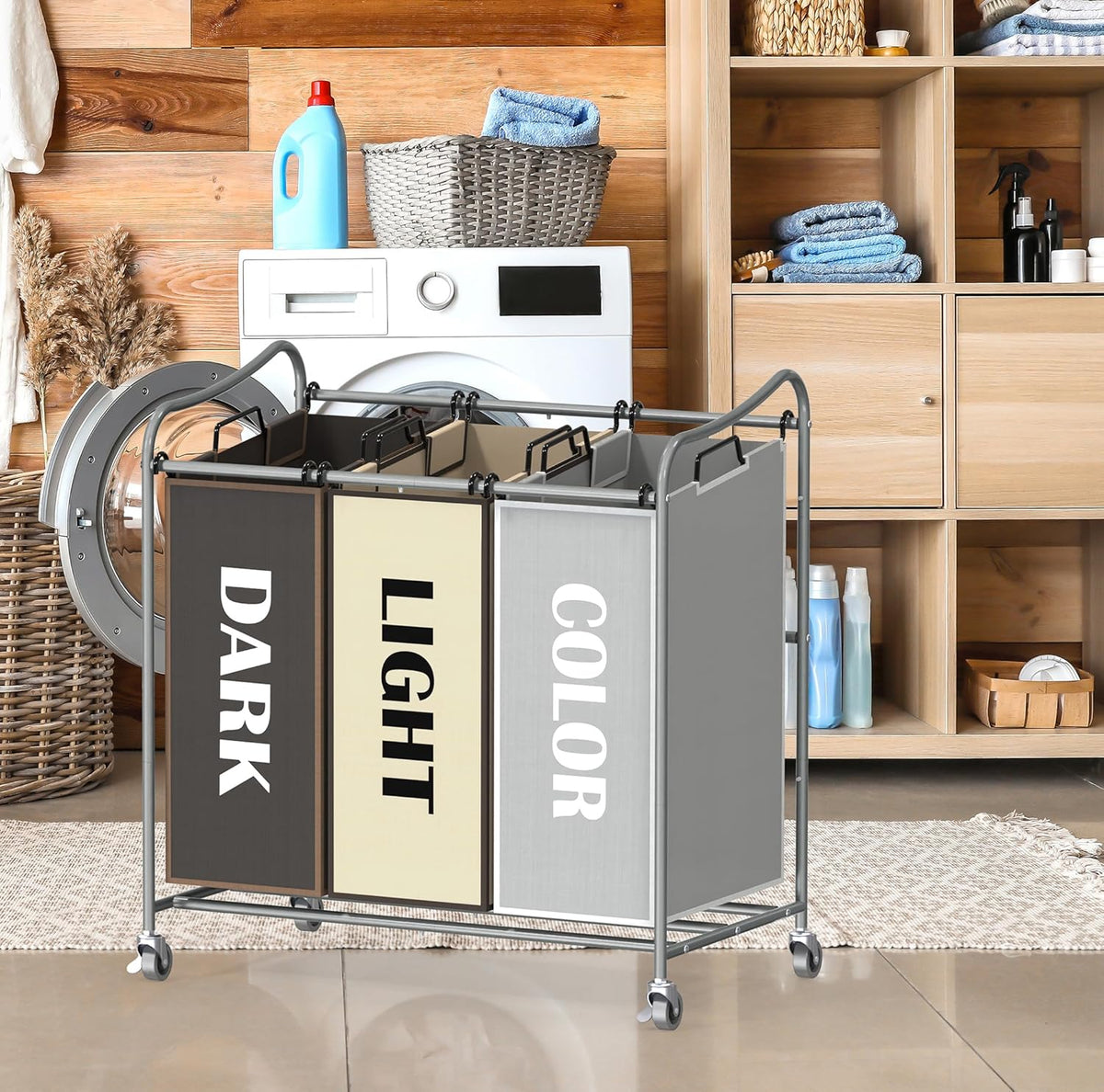 Simple Houseware Heavy Duty 3-Bag Laundry Sorter Rolling Cart, Silver/Assorted – Durable Triple